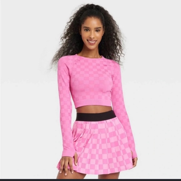 JoyLab Tops - Two piece set Long Sleeve Cropped Top - JoyLab Checker Pink M and skirt small